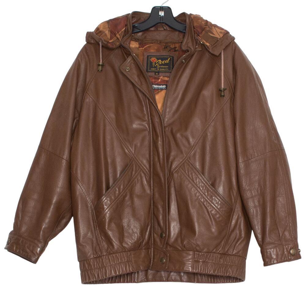 Reed Mens Jacket Vintage 100% Leather Bomber Flight Retro Casual Brown Medium KN